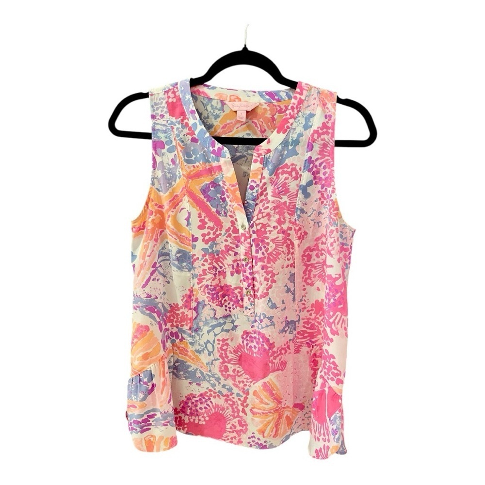 Lilly Pulitzer 100% Silk Kery Blouse, Paradise Bohemian Beach, Size S.